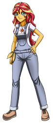 Size: 1576x3600 | Tagged: safe, artist:artemis-polara, sunset shimmer, human, equestria girls, g4, clothes, commission, cutie mark on clothes, overalls, shirt, shoes, simple background, solo, transparent background