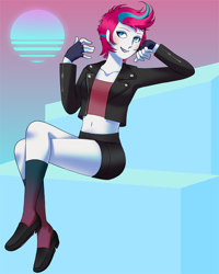 Size: 2296x2871 | Tagged: safe, artist:relighted, derpibooru exclusive, zipp storm, human, equestria girls, g4, g5, spoiler:g5, belly button, clothes, crossed legs, digital art, equestria girls-ified, female, full body, g5 to equestria girls, g5 to g4, generation leap, gradient, gradient background, high res, jacket, leather jacket, midriff, pony coloring, shoe dangling, short hair, sitting, smiling, socks, solo