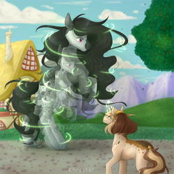 Size: 4252x4252 | Tagged: source needed, useless source url, safe, artist:chrystal_company, oc, oc:elinvar, oc:oretha, pony, unicorn, commission, giant pony, growth, growth spell, macro, magic, size difference, ych result