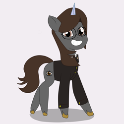 Size: 2500x2500 | Tagged: safe, artist:nihithebrony, oc, oc only, oc:sonata, pony, unicorn, elements of justice, turnabout storm, g5, my little pony: tell your tale, brown eyes, brown hair, clothes, female, glasses, high res, looking at you, mare, simple background, smiling, smiling at you, style emulation, suit, unshorn fetlocks, white background