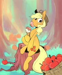 Size: 2467x3000 | Tagged: safe, artist:urbanqhoul, applejack, earth pony, pony, g4, apple, eating, female, food, grass, high res, ice cream, looking at you, sitting, solo, tree stump