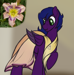Size: 1346x1350 | Tagged: safe, artist:ahorseofcourse, oc, oc only, oc:midnight lily, pegasus, pony, clothes, dress, female, flower, mare, solo
