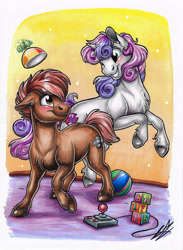 Size: 2481x3386 | Tagged: safe, artist:lupiarts, button mash, sweetie belle, pony, unicorn, g4, ball, blocks, blushing, colored, colorful, cute, duo, female, happy, high res, male, romance, ship:sweetiemash, shipping, straight, traditional art