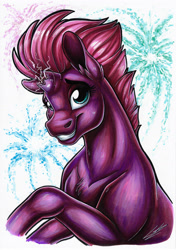 Size: 2485x3533 | Tagged: safe, artist:lupiarts, fizzlepop berrytwist, tempest shadow, pony, unicorn, g4, broken horn, colored, colorful, cute, female, fireworks, high res, horn, looking at you, magic, smiling, solo, sparking horn, traditional art