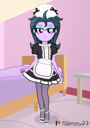 Size: 1226x1743 | Tagged: safe, artist:tabrony23, zephyr, human, equestria girls, g4, bed, clothes, commission, costume, female, maid, patreon, patreon logo, shoes, socks, solo, thigh highs