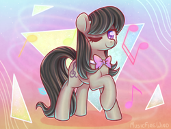Size: 1600x1200 | Tagged: safe, artist:wavecipher, octavia melody, earth pony, pony, 80's-ish, bowtie, collar, female, full body, gradient background, looking at you, music notes, one eye closed, raised hoof, signature, solo, wink