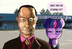 Size: 2900x2000 | Tagged: safe, artist:swagstapiece, twilight sparkle, human, pony, unicorn, g4, clothes, duo, female, five nights at freddy's, high res, looking at you, male, mare, necktie, saul goodman, squint, suit, unicorn twilight