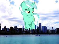 Size: 1920x1440 | Tagged: safe, artist:tardifice, artist:thegiantponyfan, lyra heartstrings, pony, unicorn, g4, background pony, chicago, cute, female, giant lyra heartstrings, giant pony, giant unicorn, giantess, highrise ponies, illinois, irl, looking back, macro, mare, mega giant, photo, ponies in real life, raised hoof, smiling, solo
