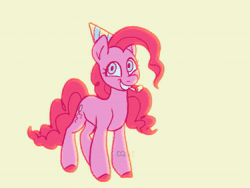 Size: 1280x960 | Tagged: safe, artist:equinoxette, pinkie pie, earth pony, pony, g4, animated, cute, diapinkes, female, hat, mare, no sound, party hat, party horn, simple background, solo, webm
