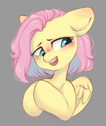 Size: 878x1039 | Tagged: safe, artist:melodylibris, fluttershy, pegasus, pony, g4, alternate hairstyle, big ears, blushing, bust, cute, female, floppy ears, gray background, hooves together, looking away, mare, open mouth, open smile, short hair, short mane, shyabetes, simple background, smiling, solo, wings