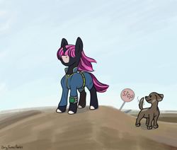 Size: 1300x1100 | Tagged: safe, artist:buy_some_apples, oc, dog, pony, unicorn, fallout equestria, clothes, jumpsuit, pipbuck, sketch, solo, stop sign, vault suit