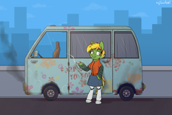 Size: 3000x2000 | Tagged: safe, artist:buy_some_apples, oc, earth pony, pony, amputee, car, city, clothes, high res, prosthetic leg, prosthetic limb, prosthetics, smoking, solo