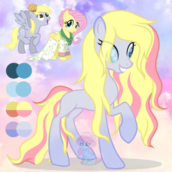 Size: 1280x1280 | Tagged: safe, artist:shiee-artopia223, derpy hooves, fluttershy, earth pony, pegasus, pony, g4, base used, clothes, eyelashes, female, food, fusion, fusion:derpy hooves, grin, mare, muffin, raised hoof, smiling