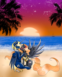 Size: 1980x2462 | Tagged: safe, artist:niniibear, oc, oc only, pony, beach, duo, eyelashes, female, mare, oc x oc, palm tree, shipping, stars, tree, twilight (astronomy)