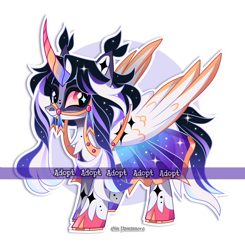 Size: 2392x2437 | Tagged: safe, artist:gkolae, oc, oc only, alicorn, pony, abstract background, adoptable, alicorn oc, bridle, high res, horn, solo, tack, unshorn fetlocks, watermark, wings