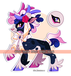 Size: 2095x2267 | Tagged: safe, artist:gkolae, oc, oc only, earth pony, pony, abstract background, adoptable, earth pony oc, flower, flower in hair, high res, raised hoof, rose, solo, watermark