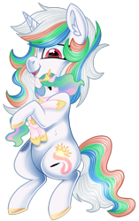 Size: 1039x1657 | Tagged: safe, artist:moonert, princess celestia, oc, alicorn, pony, unicorn, g4, ear fluff, female, horn, hug, mare, plushie, simple background, transparent background, unicorn oc