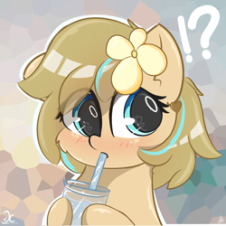 Size: 1500x1500 | Tagged: safe, artist:grithcourage, oc, oc:grith courage, earth pony, pony, adorable face, blurry background, cute, drinking, female, flower, flower in hair, heart eyes, holding, looking at each other, looking at someone, solo, thinking, wingding eyes
