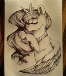 Size: 1668x1920 | Tagged: safe, artist:moonert, princess luna, alicorn, pony, bust, ear fluff, eyes closed, female, hoof hold, inktober, inktober 2018, mare, moon, peytral, solo, tangible heavenly object, traditional art