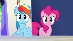 Size: 1280x720 | Tagged: safe, screencap, pinkie pie, rainbow dash, earth pony, pegasus, pony, 28 pranks later, season 6, cute, dashabetes, diapinkes, duo, duo female, female, looking at you, mare, reaction image, staring into your soul