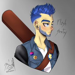 Size: 2500x2500 | Tagged: safe, artist:bidzinha, flash sentry, human, equestria girls, g4, alternate design, alternate hairstyle, clothes, cutie mark on clothes, ear piercing, earring, guitar, high res, jacket, jewelry, male, manga style, musical instrument, older, older flash sentry, piercing, pride, simple background, solo