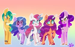 Size: 720x455 | Tagged: safe, hitch trailblazer, izzy moonbow, pipp petals, sunny starscout, zipp storm, pony, g5, my little pony: a new generation, bracelet, colored hooves, colored horn, cute, female, grin, group, happy, heart eyes, horn, izzybetes, jewelry, looking at each other, looking at someone, male, mane five (g5), mare, multicolored horn, open mouth, open smile, rainbow background, raised hoof, signature, smiling, stallion, unshorn fetlocks, wingding eyes
