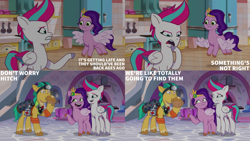 Size: 1280x720 | Tagged: safe, edit, edited screencap, editor:quoterific, screencap, hitch trailblazer, pipp petals, zipp storm, earth pony, pegasus, pony, g5, my little pony: tell your tale, sunny-day dinners, spoiler:g5, spoiler:my little pony: tell your tale, spoiler:tyts01e10, bag, female, flying, male, mare, open mouth, open smile, paper bag, smiling, spread wings, stallion, text, trio, wings