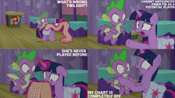 Size: 1280x720 | Tagged: safe, edit, edited screencap, editor:quoterific, screencap, spike, twilight sparkle, alicorn, dragon, pony, a trivial pursuit, g4, season 9, bag, duo, female, freakout, implied pinkie pie, magic, male, mare, open mouth, saddle bag, shrunken pupils, telekinesis, text, twilight sparkle (alicorn), twilighting, winged spike, wings