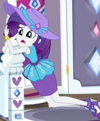 Size: 384x466 | Tagged: safe, screencap, rarity, human, camping must-haves, equestria girls, g4, my little pony equestria girls: better together, bracelet, clothes, cropped, hat, high heels, jewelry, pencil skirt, poudy face, rarity peplum dress, shoes, skirt, sleeveless, solo, sun hat