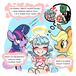 Size: 2076x2084 | Tagged: safe, artist:anonymous, applejack, cozy glow, twilight sparkle, oc, oc:anon, alicorn, earth pony, human, pegasus, pony, g4, a better ending for cozy, applejack's hat, blushing, bouquet, cowboy hat, cozybetes, cute, dialogue, eyes closed, female, filly, flower, foal, good end, halo, happy, hat, heart, high res, hoof hold, hoof on chin, human male, male, mare, open mouth, raised hoof, sitting, smiling, speech bubble, spread wings, talking, thought bubble, tilde, twilight sparkle (alicorn), wings