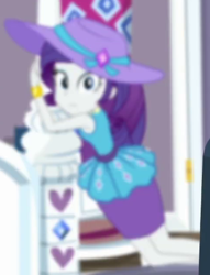 Size: 320x418 | Tagged: safe, screencap, rarity, human, camping must-haves, equestria girls, g4, my little pony equestria girls: better together, blurry, cropped, hat, rarity peplum dress, solo