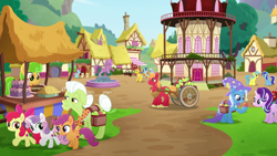 Size: 1920x1080 | Tagged: safe, screencap, apple bloom, big macintosh, carrot cake, cup cake, granny smith, lemon hearts, lotus blossom, minuette, party favor, perfect pie, pound cake, pumpkin cake, scootaloo, starlight glimmer, sweetie belle, trixie, earth pony, pegasus, pony, unicorn, g4, my little pony: rainbow roadtrip, apple, apple cart, apple family member, bag, cutie mark crusaders, female, filly, foal, food, fountain, male, mare, pie, ponyville, ponyville town hall, saddle bag, stallion