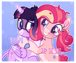 Size: 1697x1411 | Tagged: safe, artist:thatonefluffs, pinkie pie, twilight sparkle, alicorn, earth pony, pony, g4, the summer sun setback, blushing, eyebrows, female, freckles, glasses, hug, lesbian, redesign, ship:twinkie, shipping, smiling, twilight sparkle (alicorn)