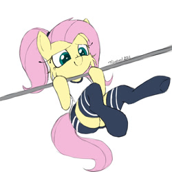 Size: 1080x1080 | Tagged: safe, artist:fajnyziomal, fluttershy, pegasus, pony, g4, butt, cheek fluff, clothes, commission, gym, gym shorts, plot, ponytail, pullup, school uniform, simple background, socks, solo, white background, workout, your character here