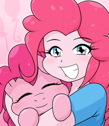 Size: 640x740 | Tagged: safe, artist:batipin, part of a set, pinkie pie, earth pony, human, pony, equestria girls, g4, cute, diapinkes, duo, eyes closed, female, grin, holding a pony, hug, human ponidox, looking at you, ponk, self paradox, self ponidox, smiling, squishy cheeks, teeth