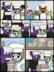 Size: 1750x2333 | Tagged: safe, artist:99999999000, oc, oc only, oc:chen lifan, oc:firearm king, earth pony, pony, comic:journey, chef, chef's hat, clothes, comic, cook, dishes, door, female, hat, kitchen, male, plate, spoon, window