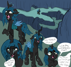 Size: 3203x2985 | Tagged: safe, artist:doodledonutart, queen chrysalis, changeling, g4, crying, cute, cutealis, fangs, high res, looking back, multeity, palindrome get, speech bubble, younger