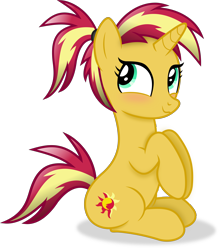 Size: 3410x3894 | Tagged: safe, artist:anime-equestria, sunset shimmer, pony, unicorn, g4, :3, alternate hairstyle, blushing, cute, female, high res, horn, mare, ponytail, shimmerbetes, simple background, sitting, smiling, solo, transparent background, vector