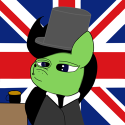 Size: 2000x2000 | Tagged: safe, artist:houndy, oc, oc only, oc:mosskin, earth pony, pony, black mane, blue eyes, clothes, fancy, flag, green fur, high res, looking at you, nation ponies, ponified, smiling, smiling at you, united kingdom