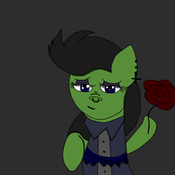 Size: 2000x2000 | Tagged: safe, artist:houndy, oc, oc only, oc:mosskin, earth pony, pony, black background, black mane, clothes, dress, ear piercing, edgy, flower, goth, high res, makeup, piercing, rose, simple background, smiling, solo