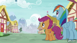 Size: 640x360 | Tagged: safe, screencap, rainbow dash, scootaloo, spitfire, pegasus, pony, g4, newbie dash, season 6, animated, butt, clothes, cold opening, deadpool in the comments, female, filly, flying, foal, gif, gifs.com, goggles, mare, open mouth, open smile, plot, smiling, spread wings, superhero landing, trio, uniform, wings, wonderbolts uniform