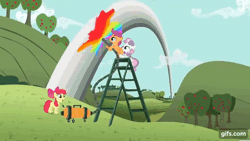Size: 640x360 | Tagged: safe, edit, edited screencap, screencap, apple bloom, scootaloo, sweetie belle, earth pony, pegasus, pony, unicorn, g4, hearts and hooves day (episode), season 2, animated, apple bloom's bow, apple orchard, bow, cartoon physics, color loss, cutie mark crusaders, discolored, female, filly, foal, gif, gifs.com, good ending, hair bow, open mouth, open smile, orchard, rainbow, reversed, smiling, trio, vacuum cleaner