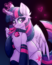 Size: 1447x1811 | Tagged: safe, artist:rico_chan, twilight sparkle, alicorn, pony, g4, bell, bell collar, cat bell, clothes, collar, ear fluff, eye clipping through hair, eyebrows, eyebrows visible through hair, female, floating heart, glowing, glowing horn, gradient background, grin, heart, heart eyes, horn, looking at you, magic, magic aura, mare, partially open wings, signature, sitting, sketch, smiling, smiling at you, solo, stockings, thigh highs, twilight sparkle (alicorn), wingding eyes, wings