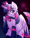 Size: 1447x1811 | Tagged: safe, artist:rico_chan, twilight sparkle, alicorn, pony, g4, bell, bell collar, cat bell, clothes, collar, ear fluff, eye clipping through hair, eyebrows, eyebrows visible through hair, female, glowing, glowing horn, gradient background, grin, heart, heart eyes, horn, looking at you, magic, magic aura, mare, partially open wings, signature, sitting, sketch, smiling, smiling at you, solo, stockings, thigh highs, twilight sparkle (alicorn), wingding eyes, wings
