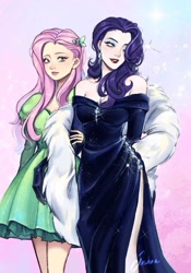 Size: 735x1053 | Tagged: safe, artist:sasha. a__, fluttershy, rarity, human, equestria girls, g4, alternate hairstyle, clothes, dress, duo, ear piercing, earring, evening gloves, eyeshadow, female, fur coat, gloves, grin, hair over one eye, humanized, jewelry, lesbian, lipstick, long gloves, makeup, necklace, one eye closed, piercing, ship:flarity, shipping, side slit, smiling, total sideslit, wink