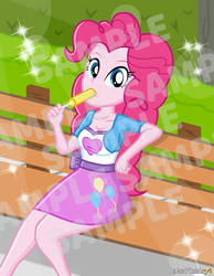Size: 465x600 | Tagged: safe, artist:jakepixels, pinkie pie, human, equestria girls, g4, breasts, busty pinkie pie, female, food, hot, looking at you, obtrusive watermark, park, popsicle, sample, seat, sitting, solo, summer, watermark