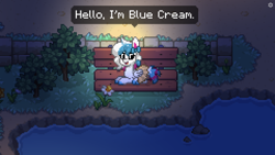 Size: 1920x1080 | Tagged: safe, artist:topsangtheman, oc, oc only, oc:blue cream, alicorn, hybrid, pony, rabbit, pony town, animal, bench, flower, looking at you, solo, water