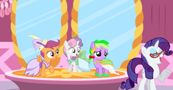 Size: 1690x876 | Tagged: safe, artist:swiftgaiathebrony, edit, edited screencap, screencap, rarity, scootaloo, spike, sweetie belle, earth pony, pegasus, pony, unicorn, g4, make new friends but keep discord, clothes, dress, gala dress, glasses, ponified, ponified spike, species swap