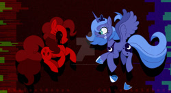 Size: 1209x661 | Tagged: safe, artist:bunnycute182, pinkie pie, princess luna, alicorn, earth pony, pony, luna game, clothes, creepypasta, crown, crying, deviantart watermark, female, horn, jewelry, looking at each other, looking at someone, mare, moon, obtrusive watermark, regalia, s1 luna, scared, shoes, smiling, spread wings, watermark, wings, zalgo, zalgo pie