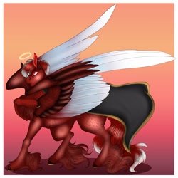 Size: 2544x2549 | Tagged: safe, artist:inisealga, oc, oc only, oc:redflare, pegasus, pony, cape, clothes, colored wings, commission, halo, high res, large wings, male, multicolored wings, pegasus oc, solo, spread wings, stallion, unshorn fetlocks, wings